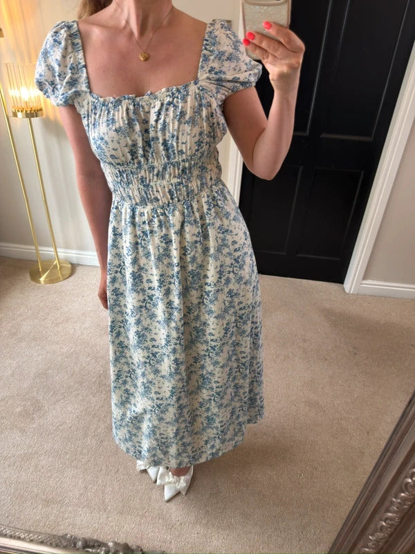 H&M White & Blue Floral Midi Dress Small
