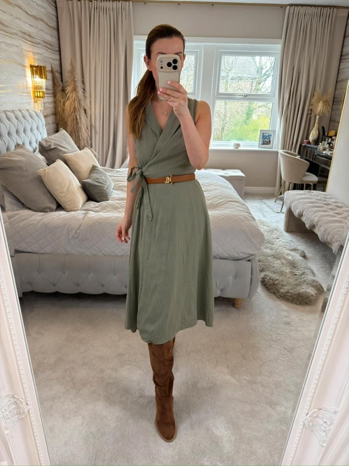 DKNY Khaki Linen Blend Wrap Dress 8