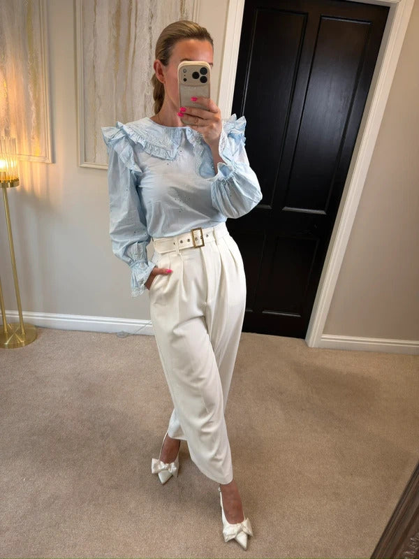 BNWT River Island Light Blue Frill Blouse Petite Size 10