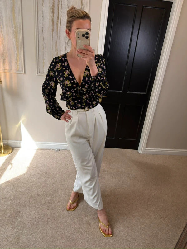 Zara Black Floral Print Frill Blouse XS