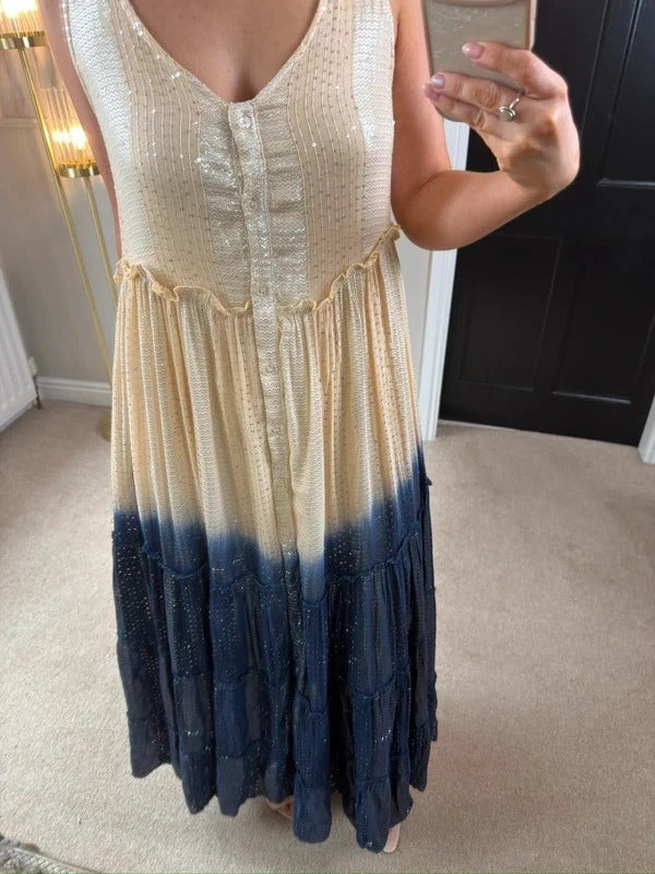 Gold & Silver Paris Beige & Navy Silver Sequin Maxi One Size