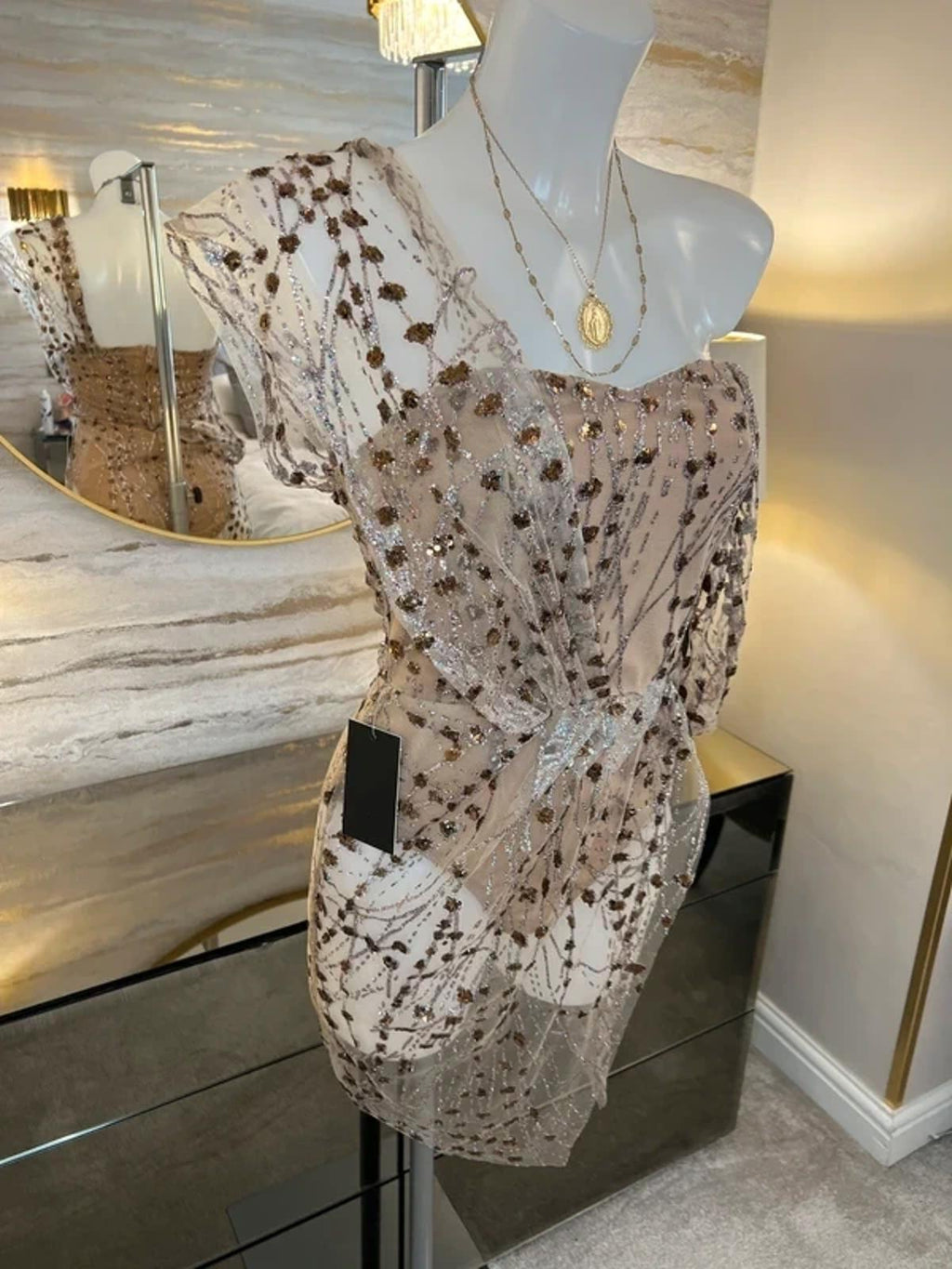 BNWT Dressmezee Nude Glitter Mesh Mini Dress Small