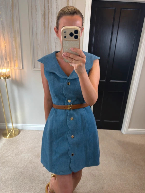 BNWT Vita Grace Sharna Scallop Hem Denim Mini Dress Size Medium