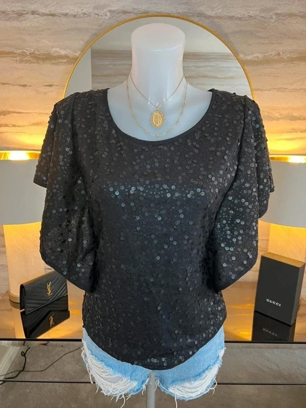 Eci New York Black Sequin Blouse Large