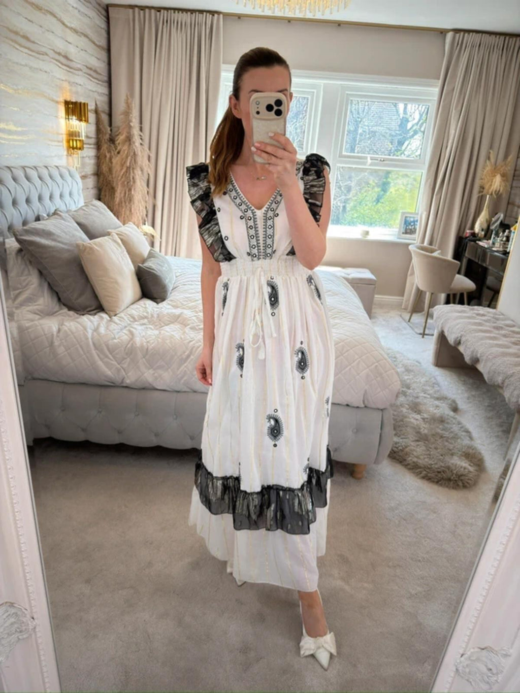 Boutique White & Black Boho Embellished Dress One Size