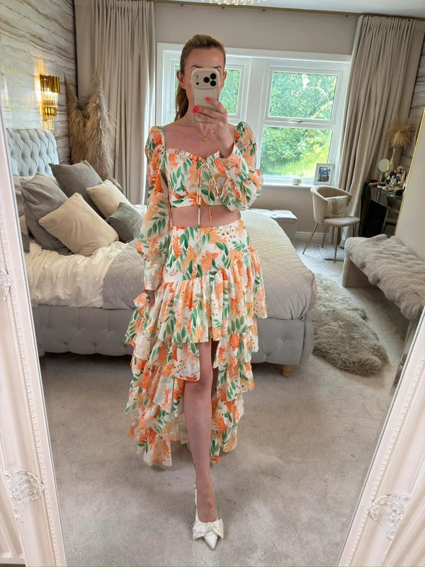 Moocci White & Orange Floral Tiered Skirt Co Ord Small