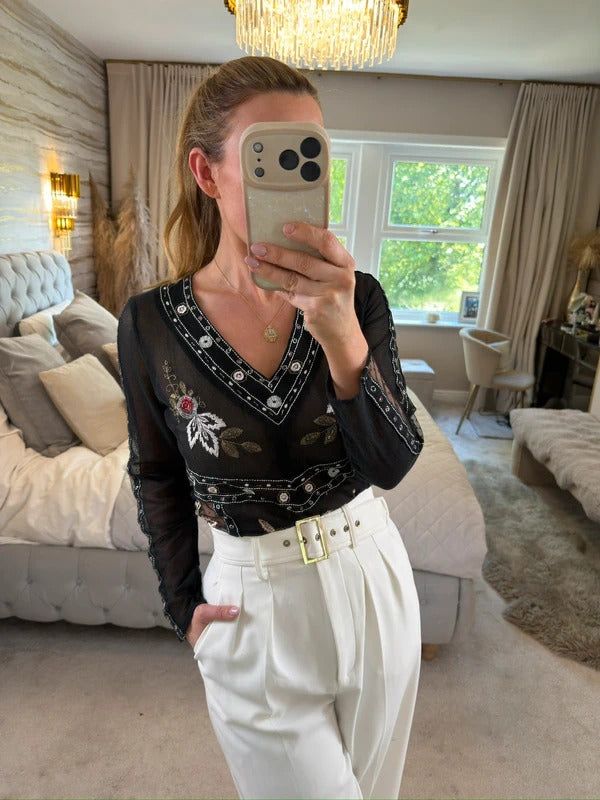 River Island Sheer Embroidered Blouse Small