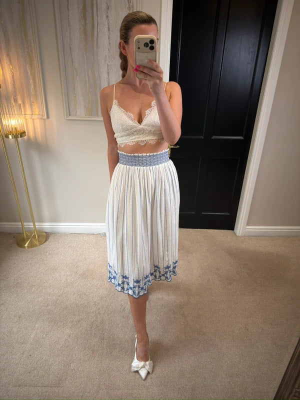 M&S White & Blue Embroidered Midi Skirt 12