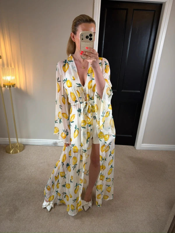 Alexandra Miro Chloe Gown Sorento White Lemon Maxi Kimono Small