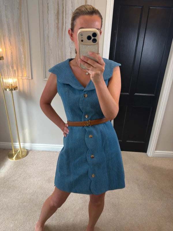 BNWT Vita Grace Sharna Scallop Hem Denim Mini Dress Size Medium