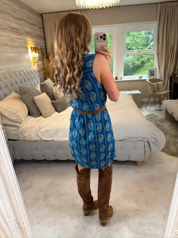Beach Lunch Lounge Blue Tassel Boho Mini Dress XS