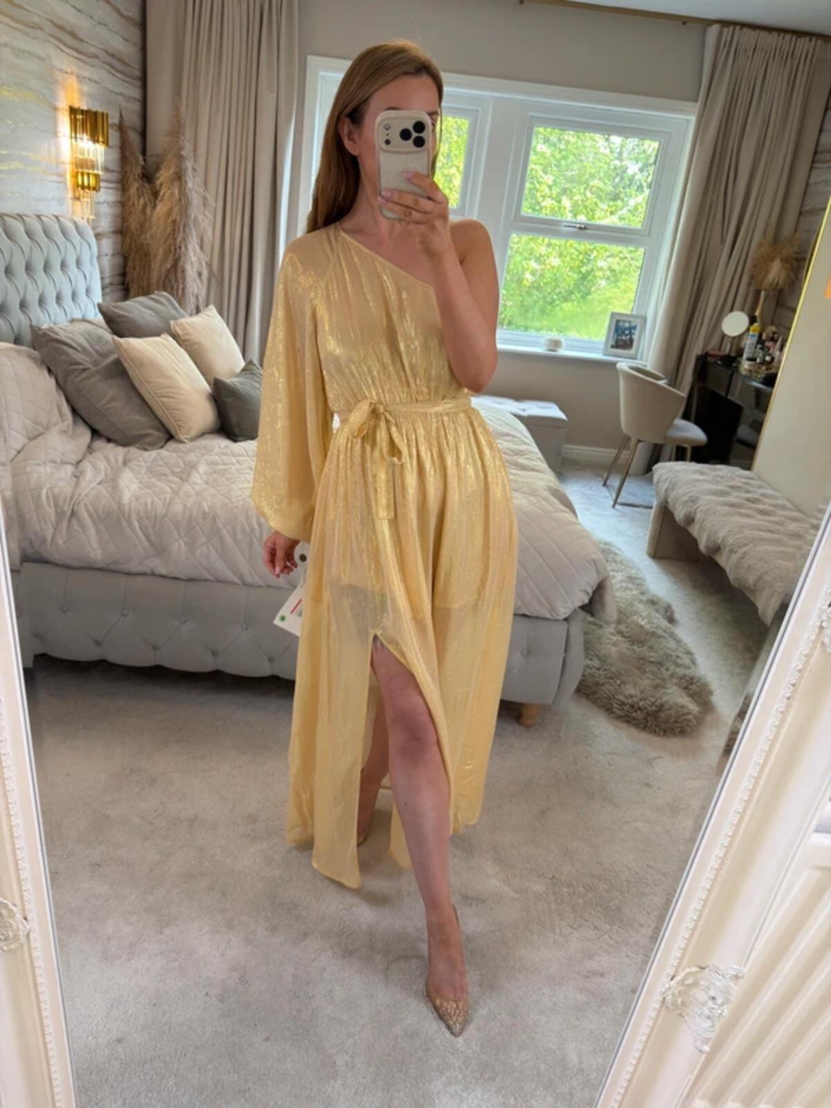 BNWT Sundress Gold Metallic One Shoulder Belted Dress Small