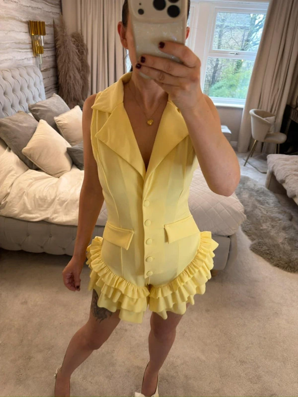 Retro Stage 1960s Yellow Frill Playsuit Small