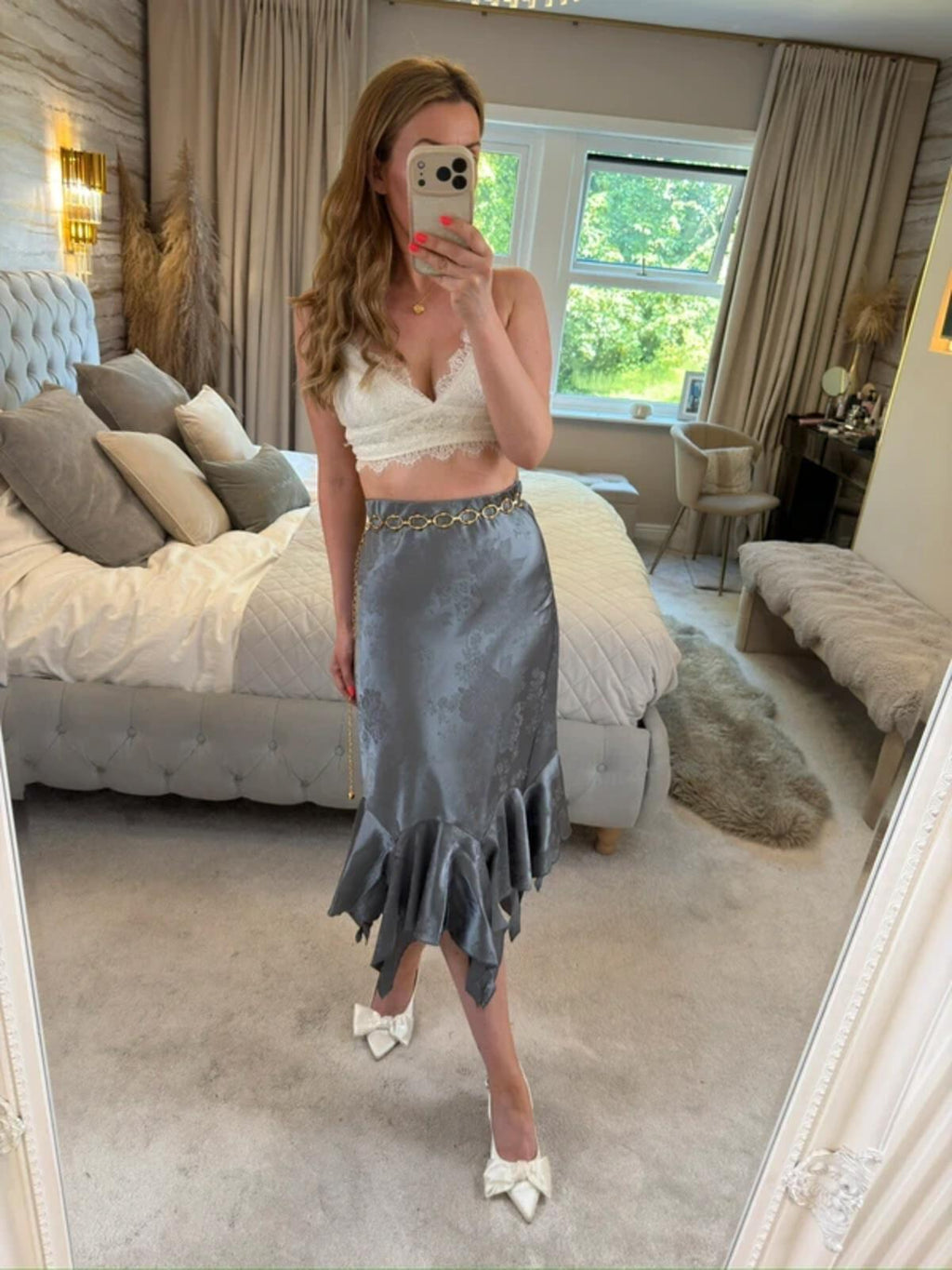 ⭐ BNWT Miss Selfridge Purple / Silver Asymmetrical Satin Floral Midi Skirt 12