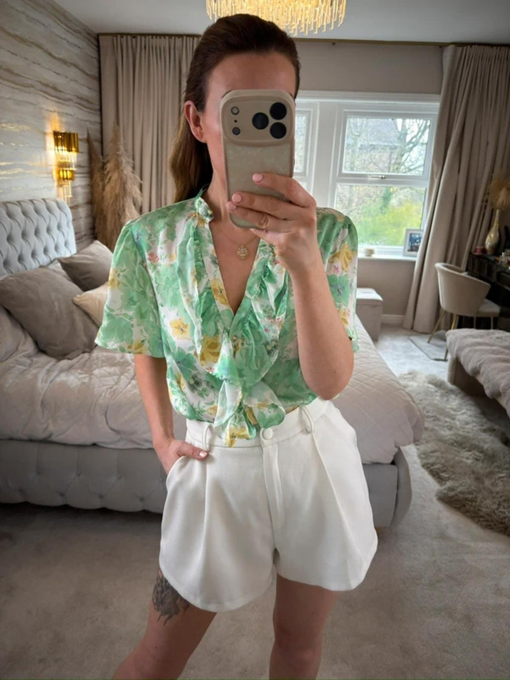 Zara Green Floral Frill Blouse Small