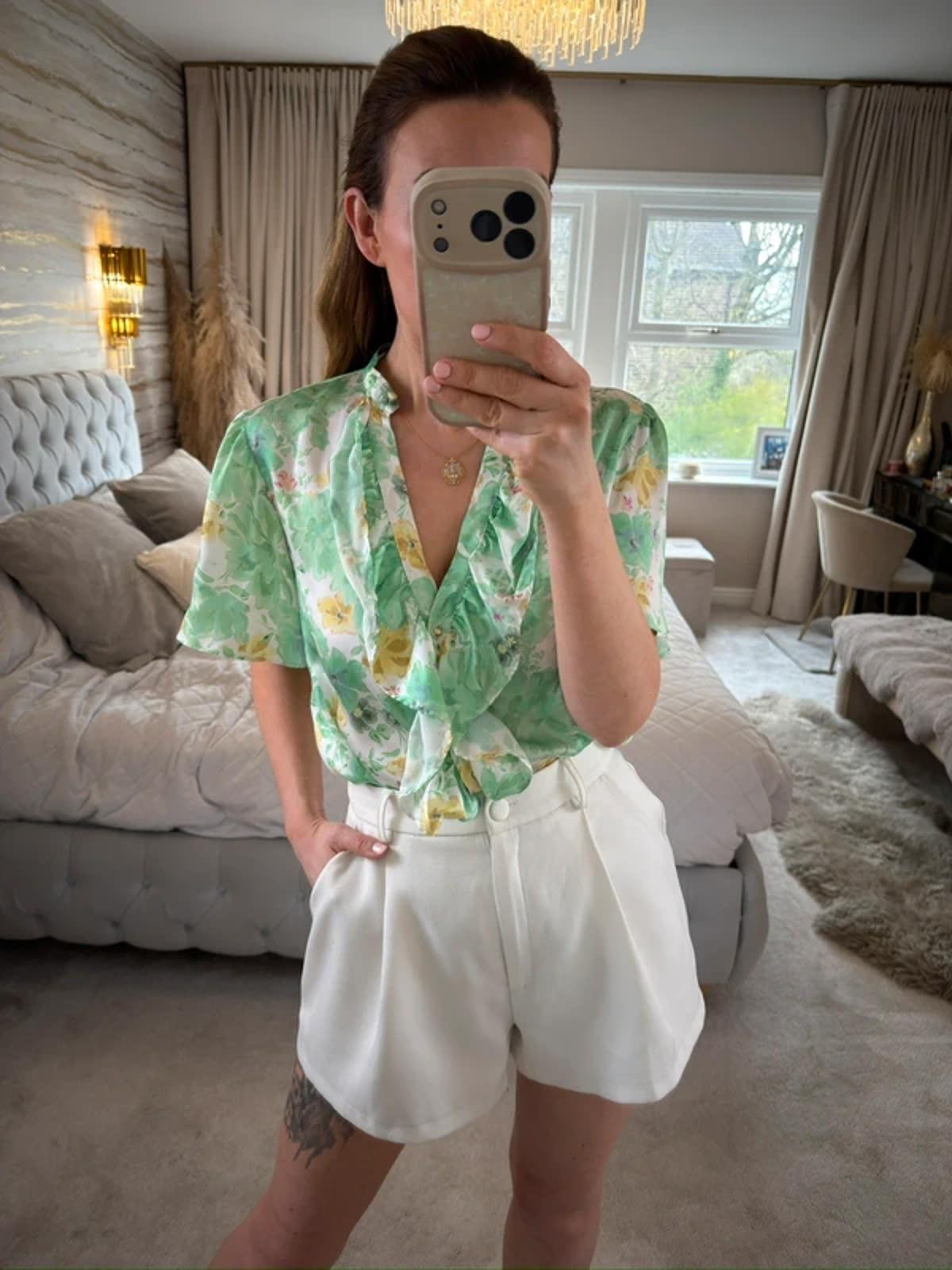 Zara Green Floral Frill Blouse Small