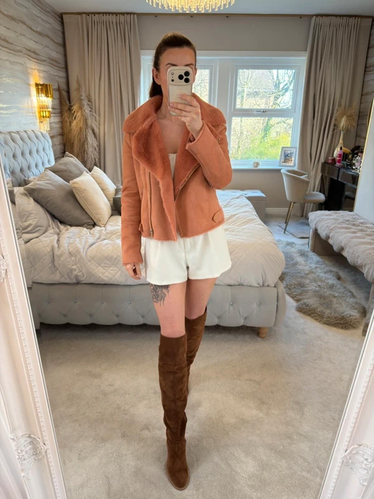 River Island Pink Faux Fur & Suede Biker Jacket 10