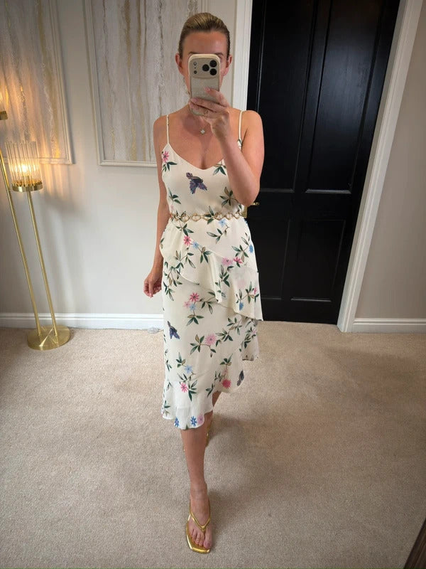 M&S White Floral & Bird Layered Midi Slip Dress 10