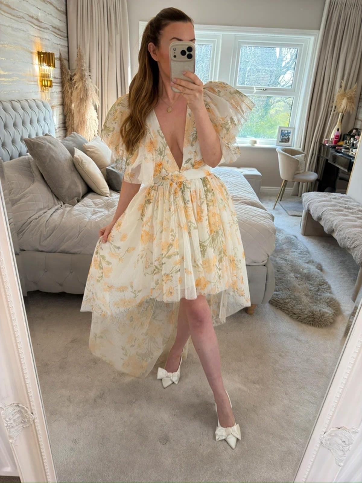 River Island Luxe Yellow Floral Tulle Dip Hem Dress 12