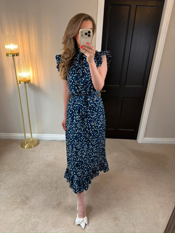 Anne Louise Boutique Navy & White Heart Frill Midi Dress 10