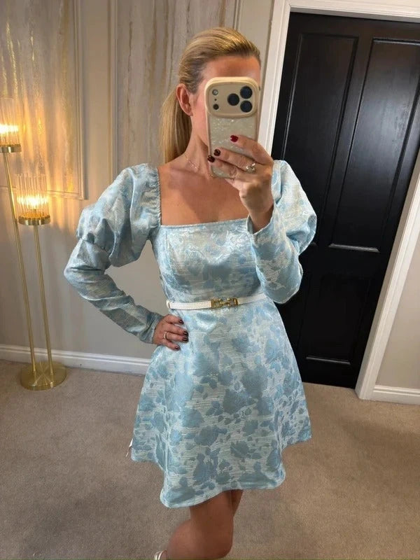 BNWT Miss Selfridge Blue Metallic Jacquard Floral Milkmaid Dress Small