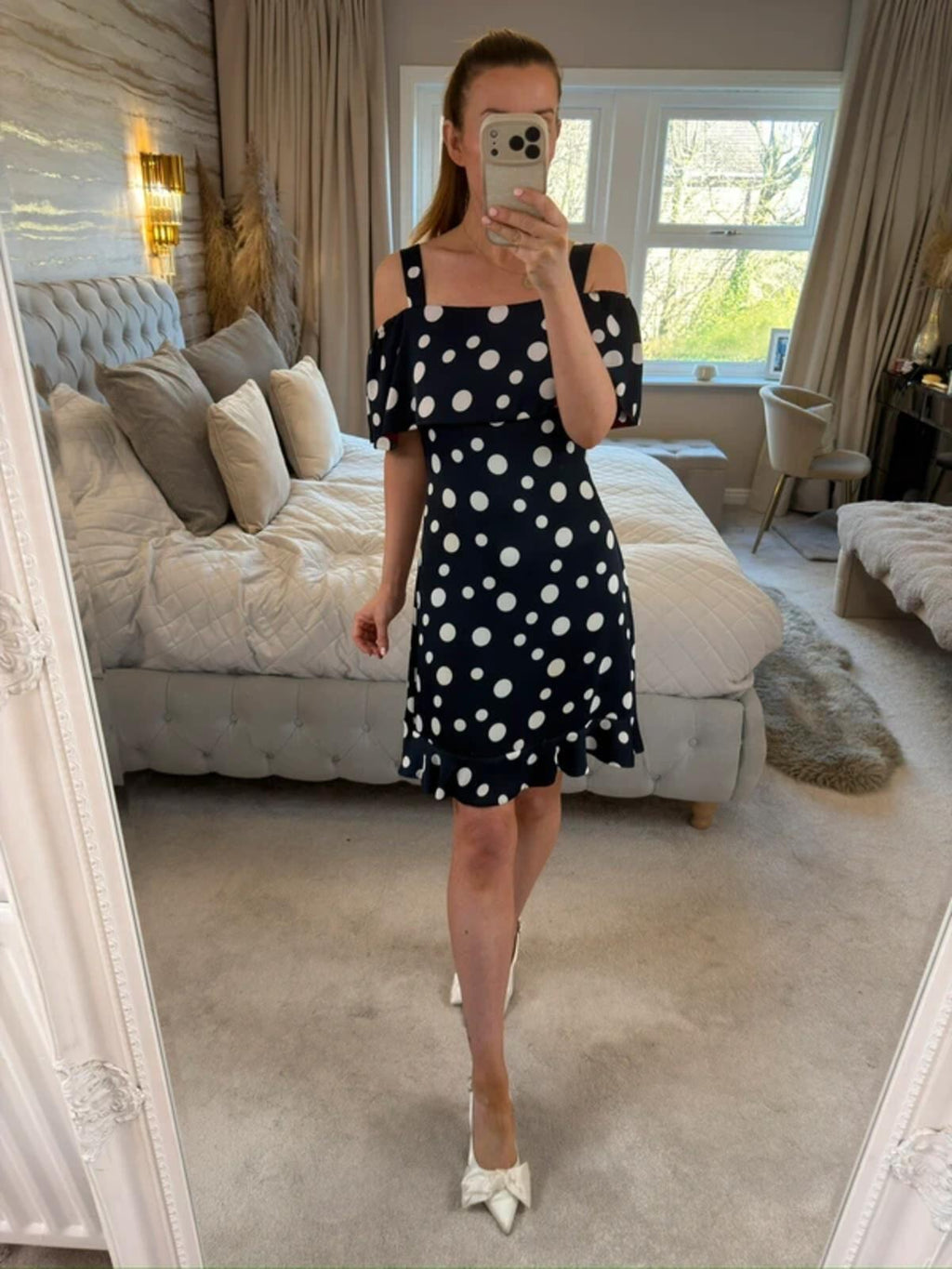 Michaela Louisa Navy & White Polka Dot Dress Small