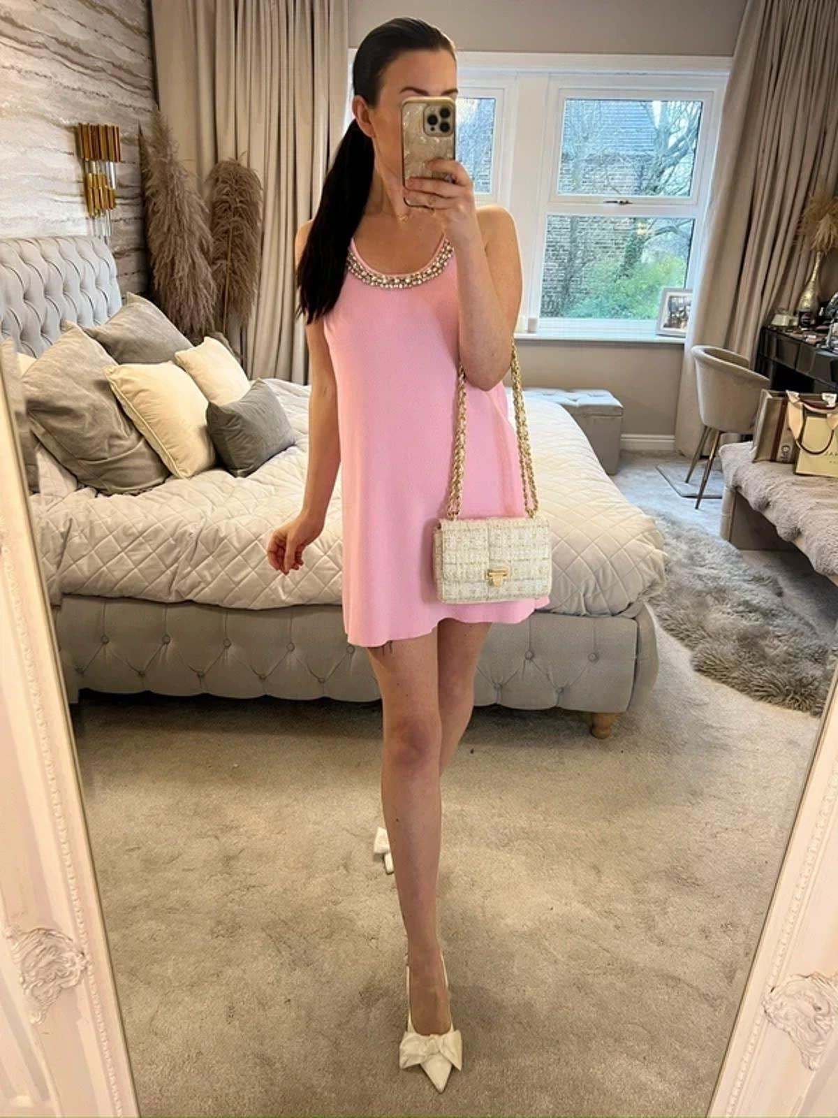 Zara Pink Knitted Embellished Mini Dress Small