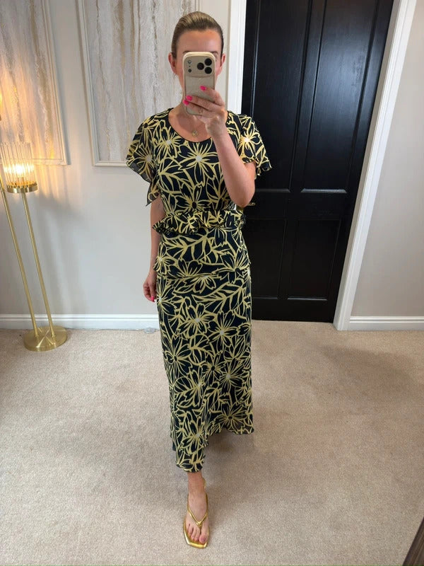 Vintage Roman Black & Butter Yellow Floral Frill Dress