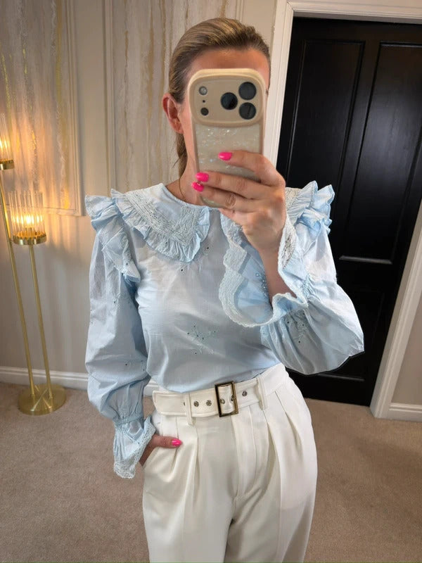 BNWT River Island Light Blue Frill Blouse Petite Size 10