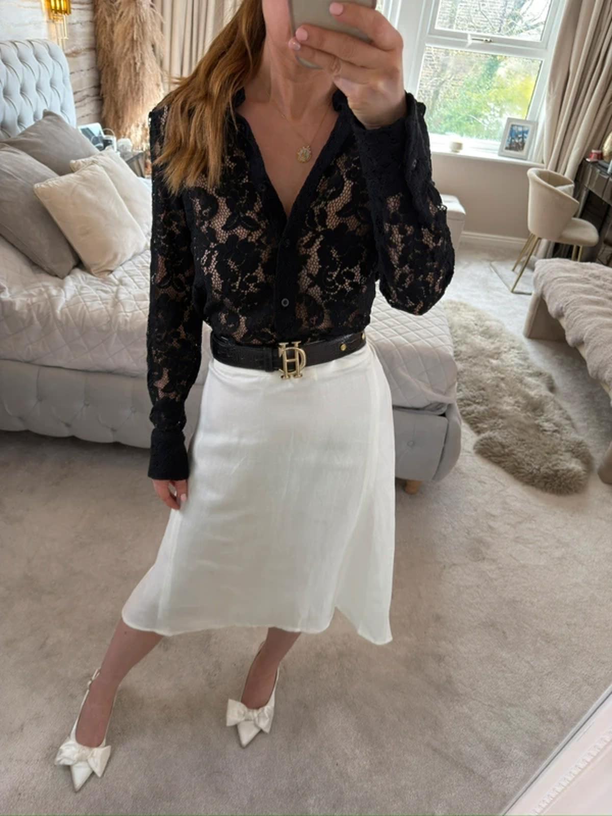 M&S White Linen Blend Dip Hem Midi Skirt 12