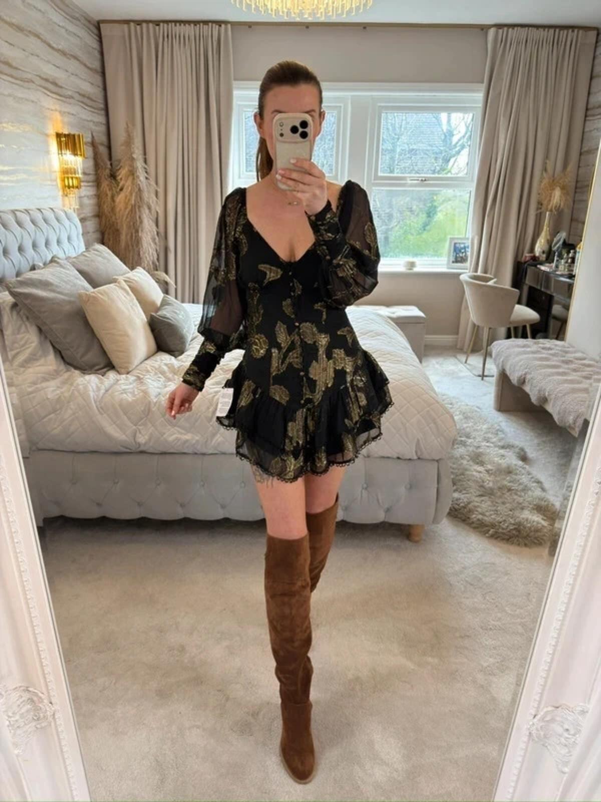 BNWT Black & Gold Frill Boho Mini Dress Petite 6