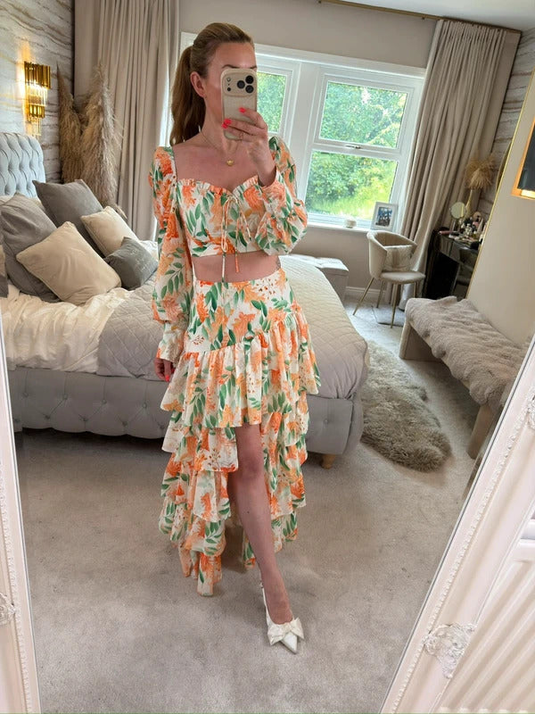 Moocci White & Orange Floral Tiered Skirt Co Ord Small
