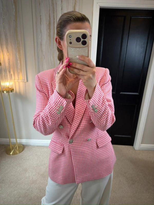 Zara Pink & White Gingham Blazer Small