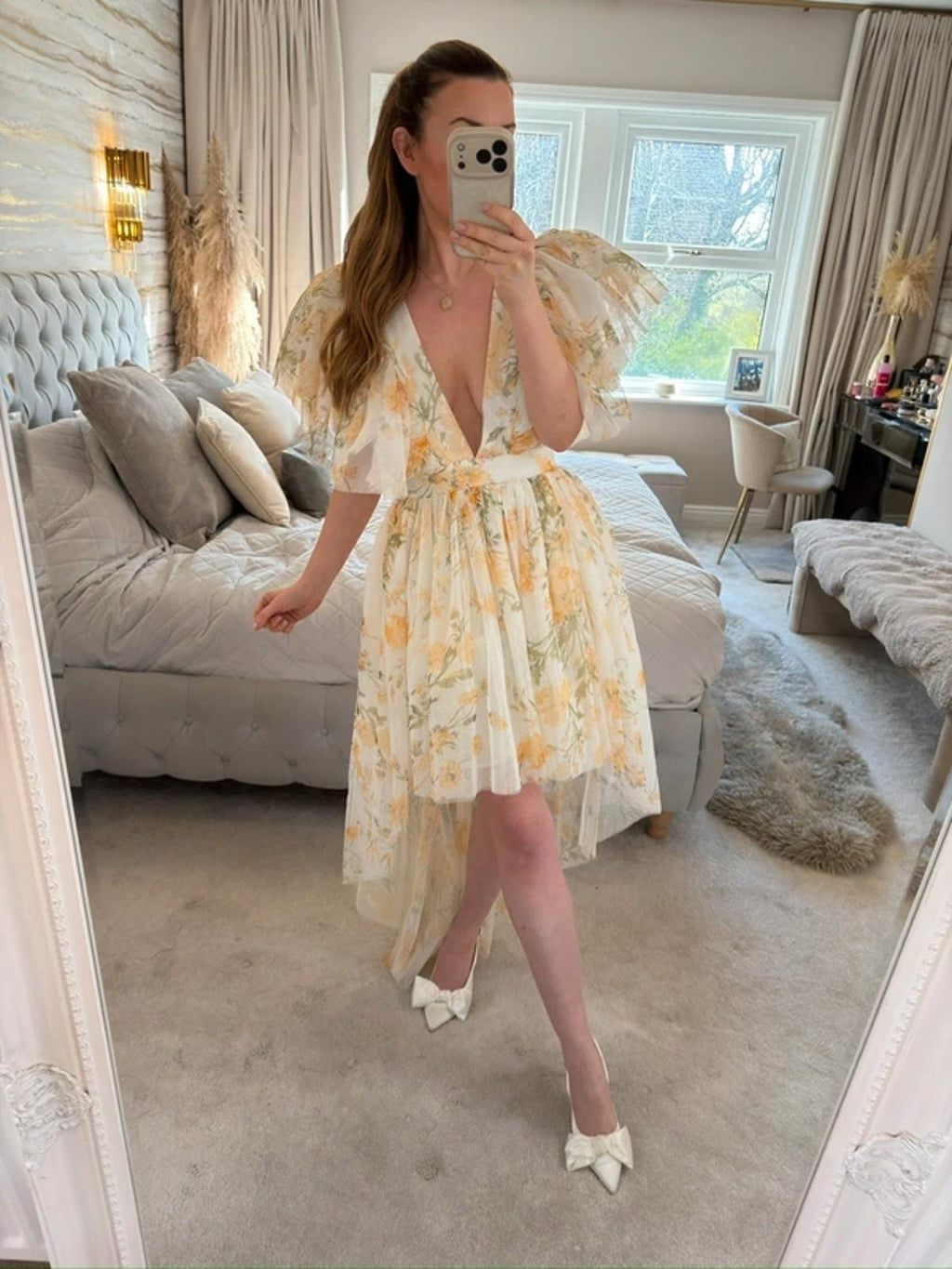 River Island Luxe Yellow Floral Tulle Dip Hem Dress 12