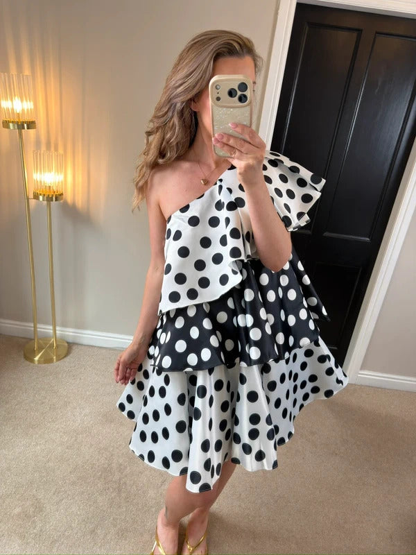 BNWT Forever Unique Black & White Polka Dot Layered One Shoulder Dress 8