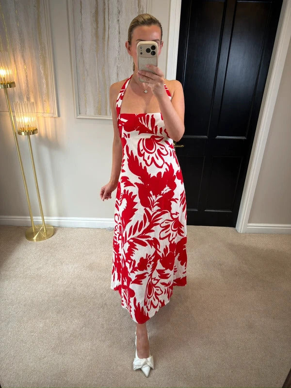BNWT Zara Red & White Linen Blend Dress Large