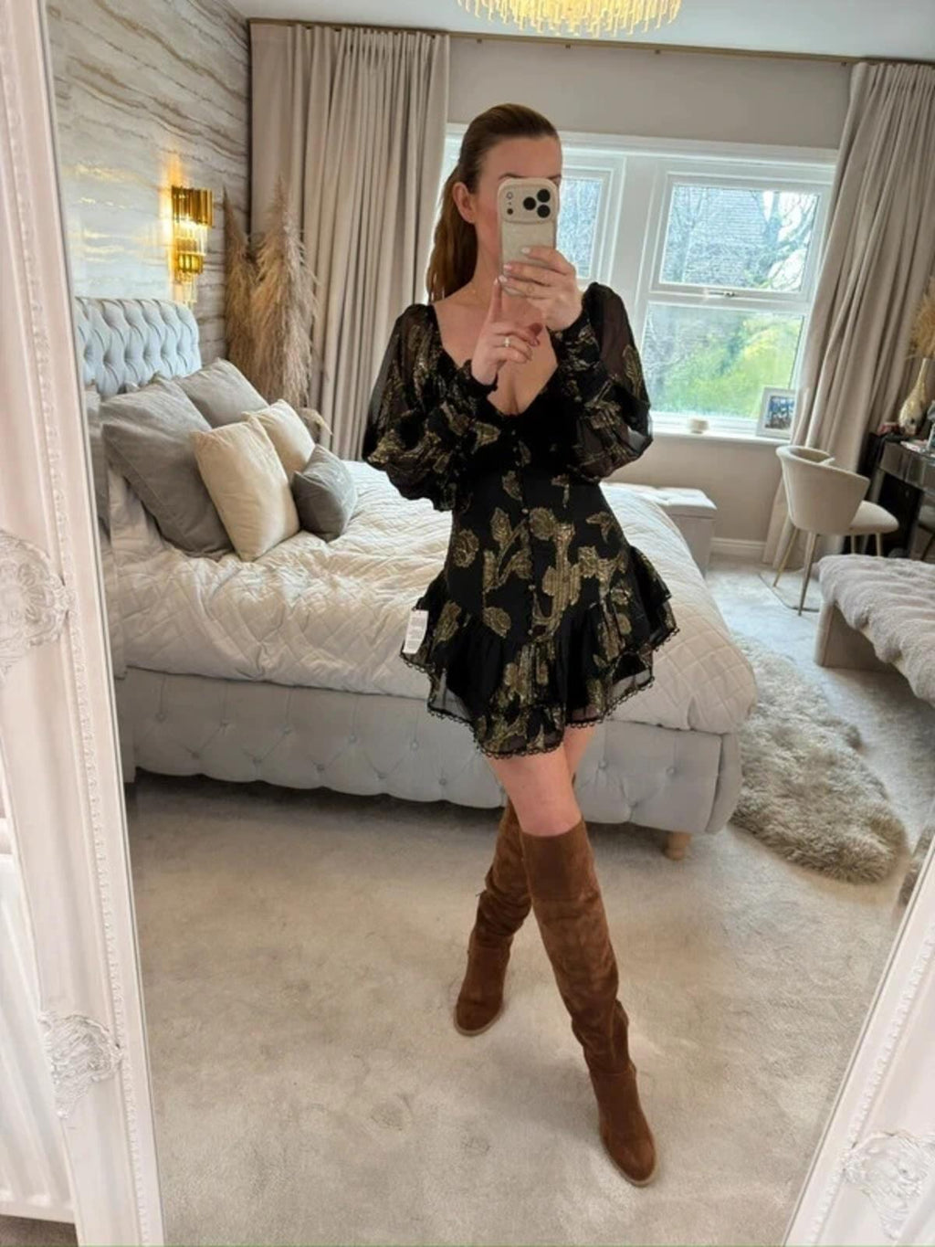 BNWT Black & Gold Frill Boho Mini Dress Petite 6