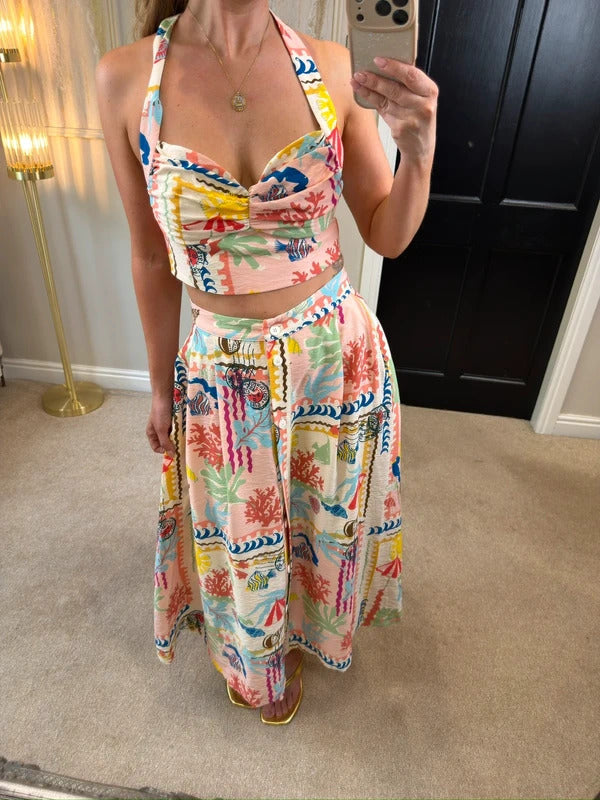 Zara Multicoloured Patchwork Print Skirt & Top Co Ord Large BNWT