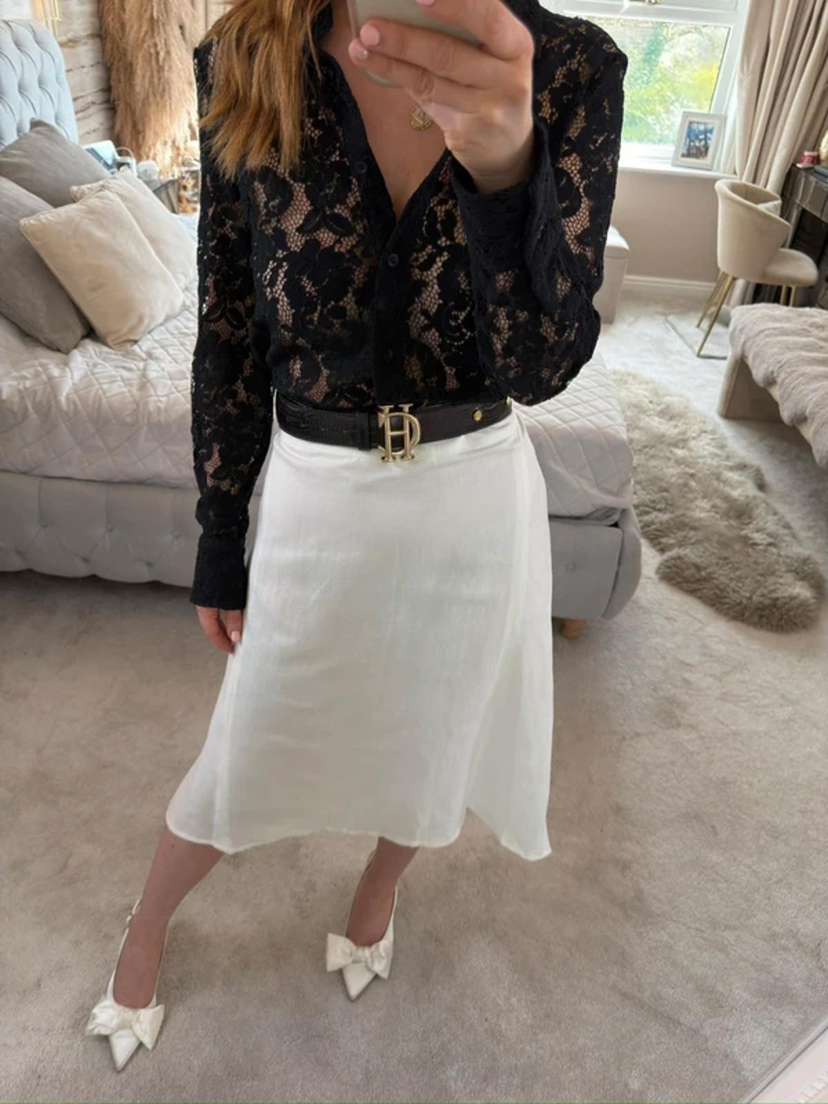 M&S White Linen Blend Dip Hem Midi Skirt 12