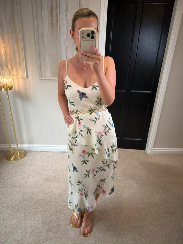 M&S White Floral & Bird Layered Midi Slip Dress 10