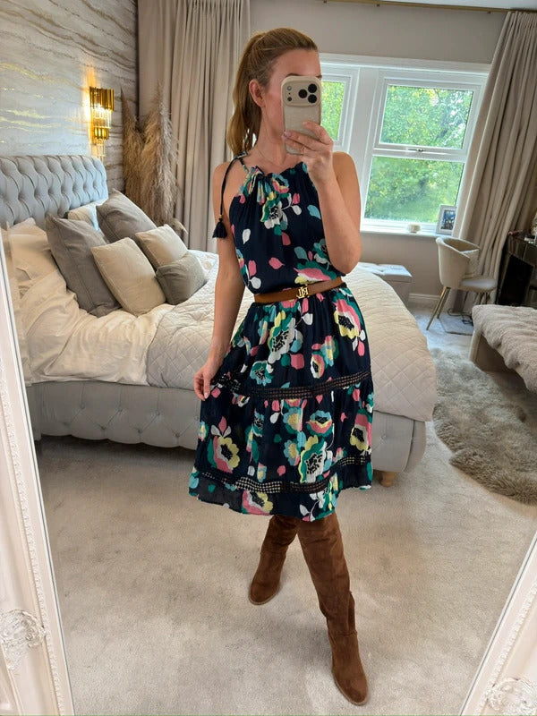 M&S Navy Floral Tassel Beach Sundress 8