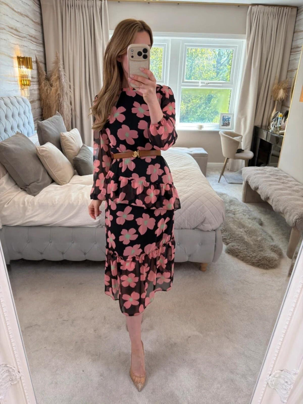 Miss Selfridge Black Floral Frill Tiered Midi Dress 10/12