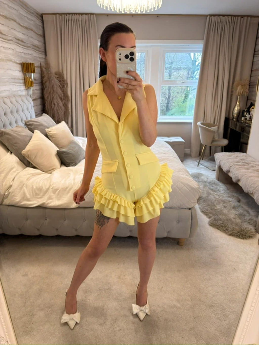 Retro Stage 1960s Yellow Frill Playsuit Small