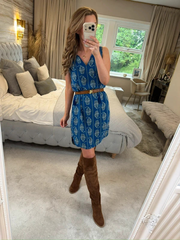 Beach Lunch Lounge Blue Tassel Boho Mini Dress XS