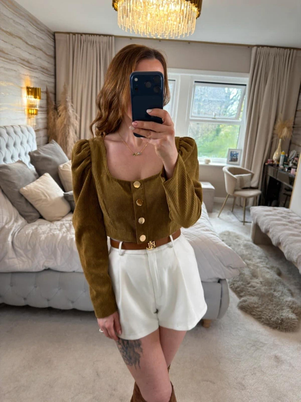 Zara Brown Corduroy Puff Sleeve Top Medium