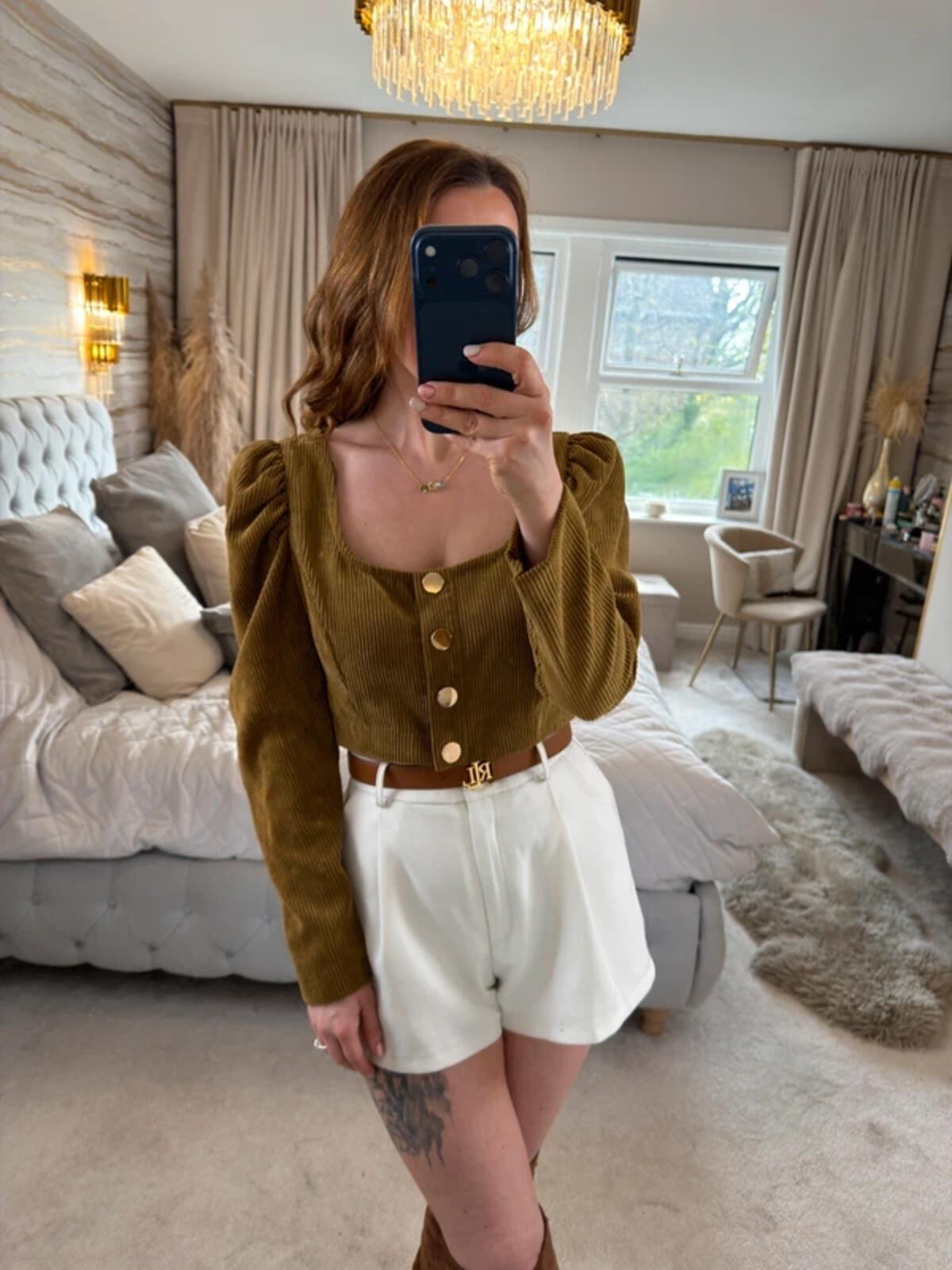 Zara Brown Corduroy Puff Sleeve Top Medium