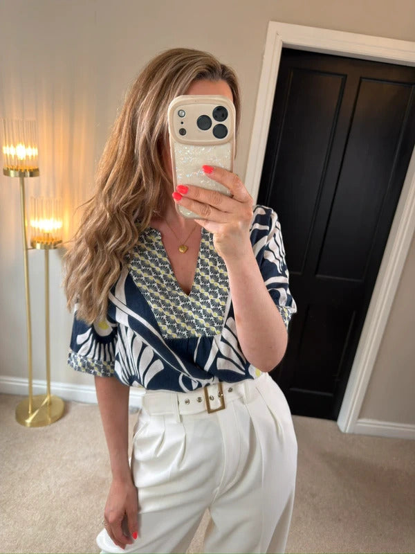 White Stuff Navy Linen Blend Floral Blouse 12