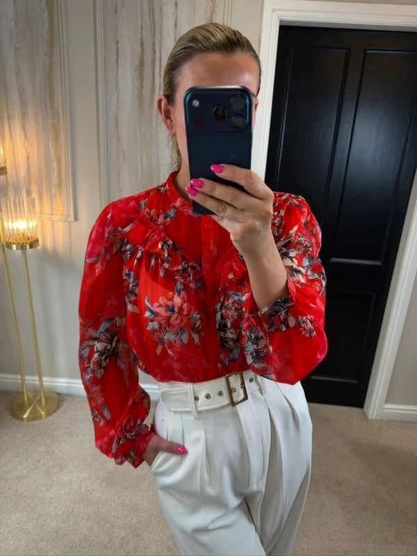 French Connection Red Sheer Floral Frill Blouse 10