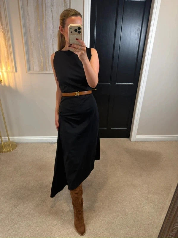 Cos Black Asymmetrical Ruched Dress Medium