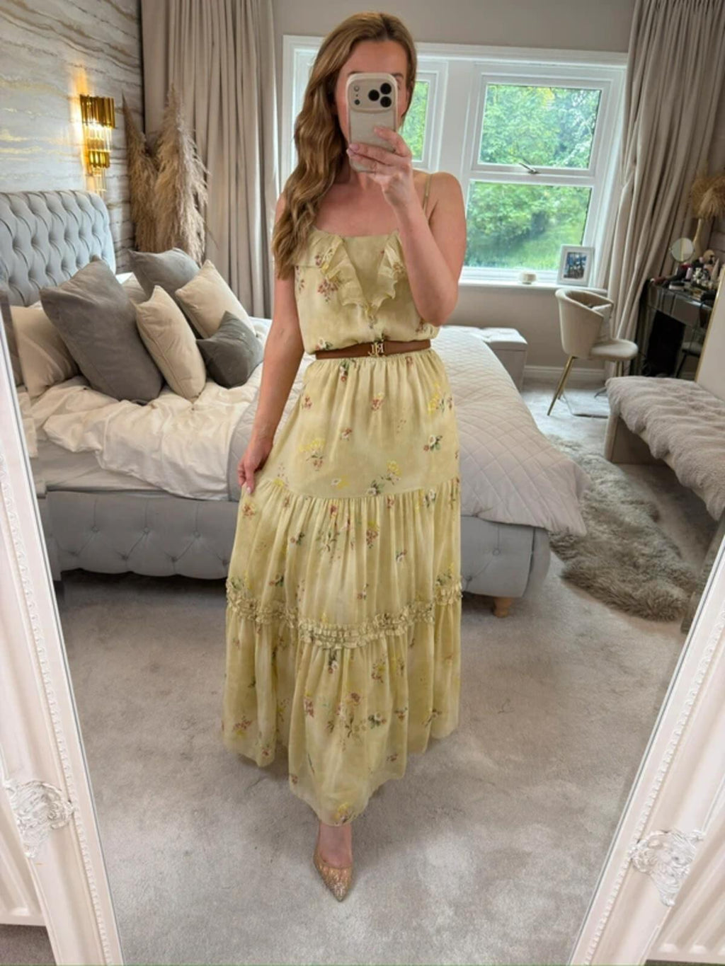 ⭐ Oasis Light Green / Yellow Floral Frill Maxi Dress 14